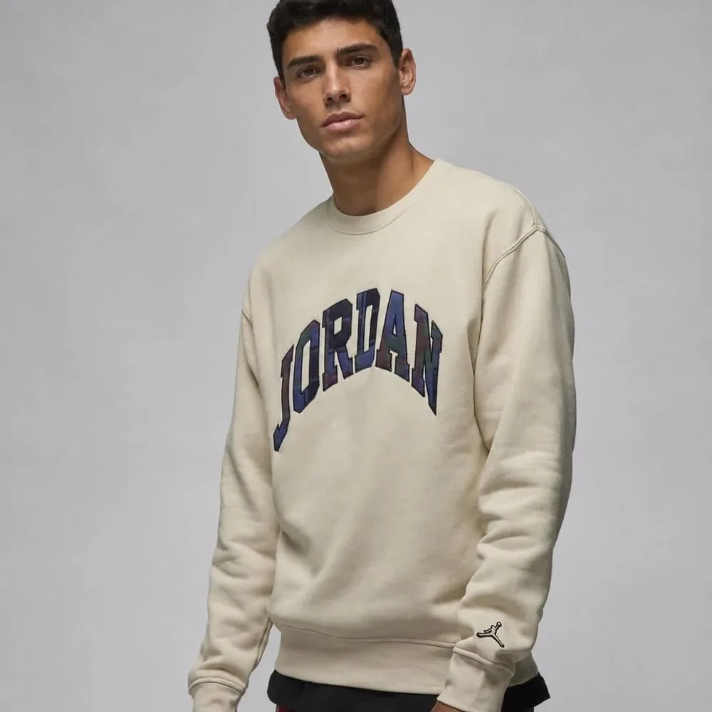 Jordan Men's large essential holiday Cream Tan Sweatshirt crewneck plaid